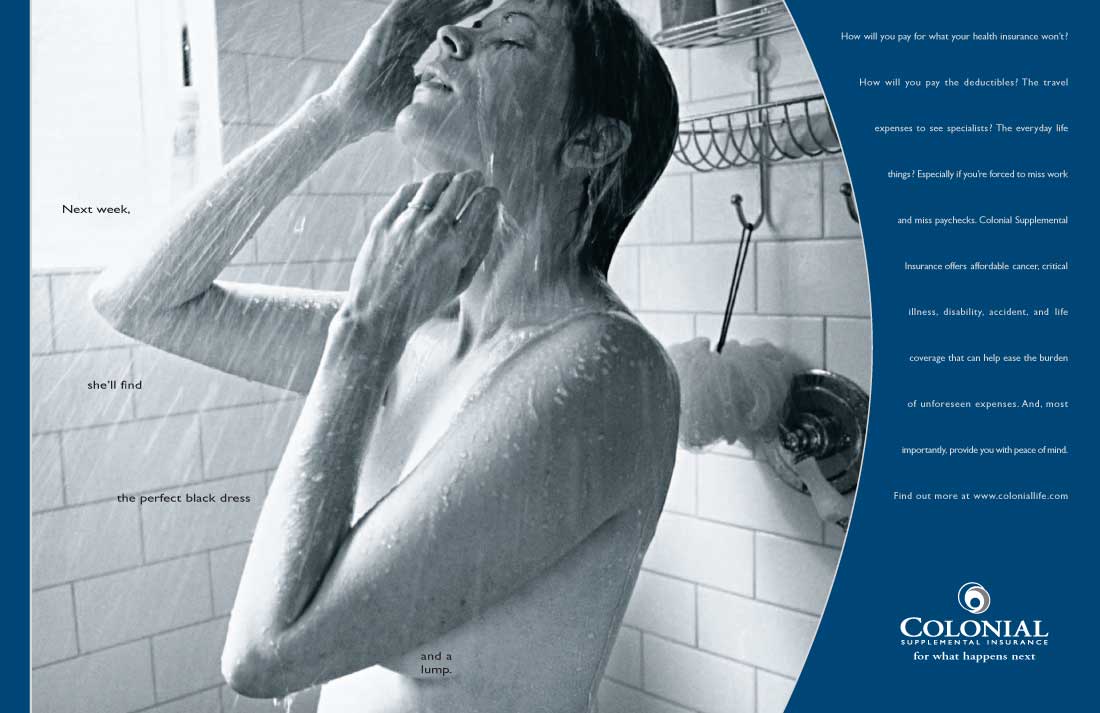 Colonial Supplemental Insurance print ad — shower scene