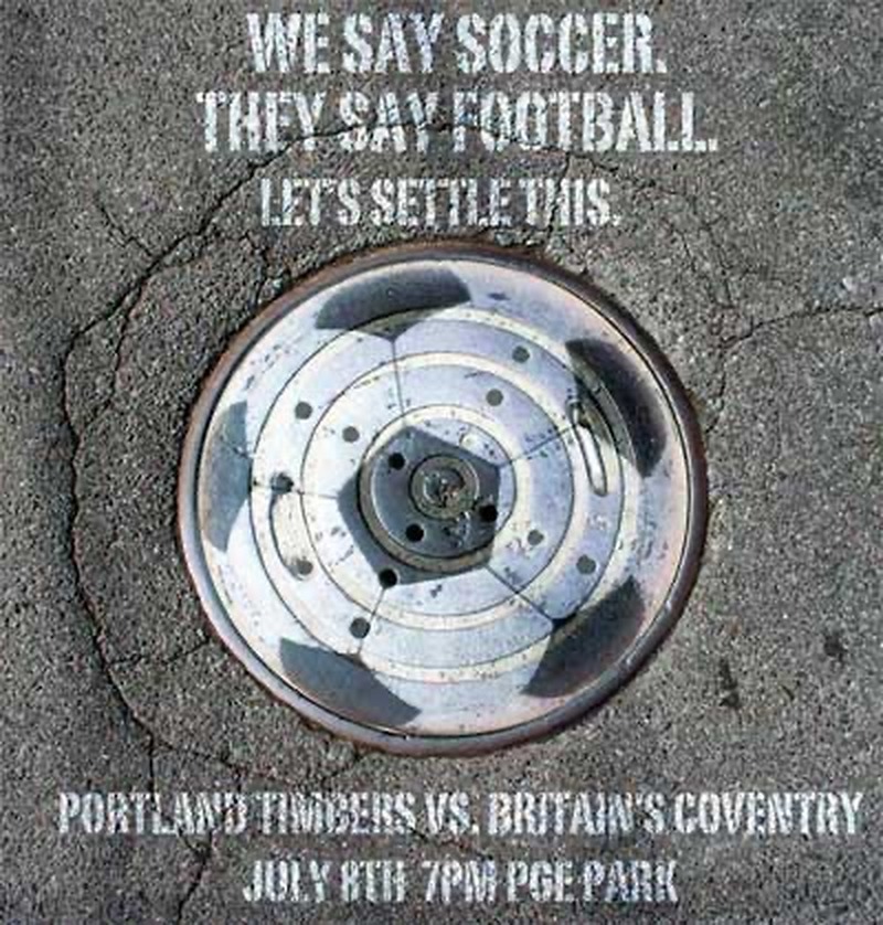 Portland Timbers manhole cover stencil — guerrilla marketing